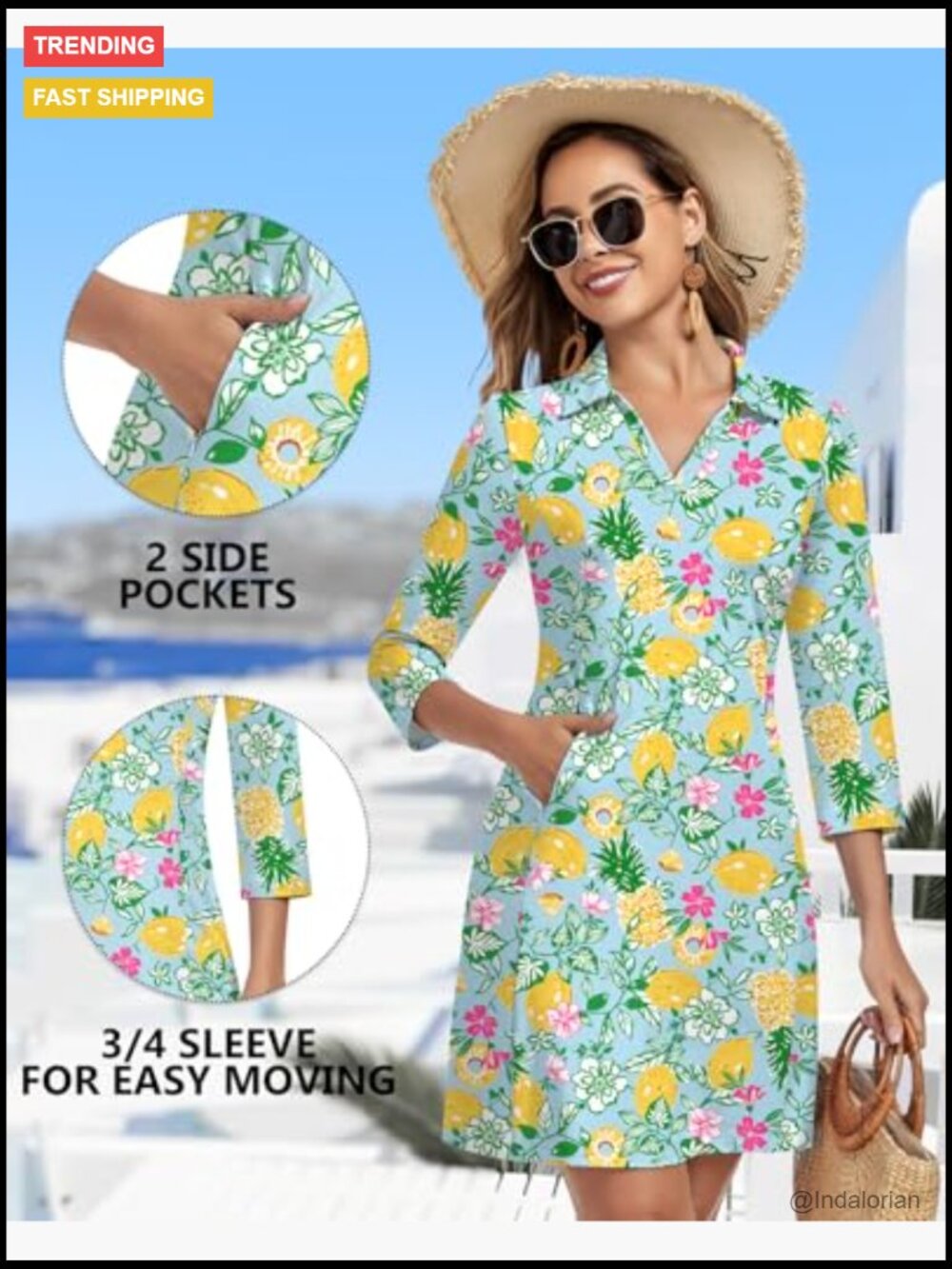 3/4 Sleeve V Neck Dress with Pockets UPF 50+ Quick Dry Sun Dress - Picture 4 of 7